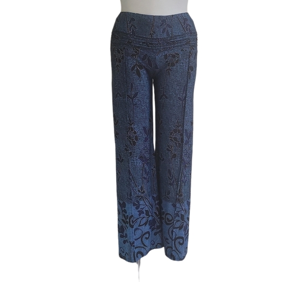Urban Mango Straight Leg Blue Printed Pant Leisure Palazzo Women's Sz L Culottes - Picture 1 of 11